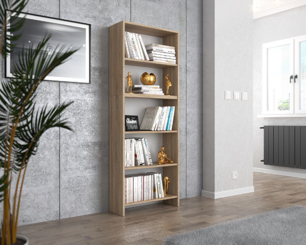 MRBLS Bücherregal Eiche SONOMA 60x189x30 cm – Standregal mit 5 Fächern für Bücher, Deko & Ordner – Modernes Holzregal für Wohnzimmer Büro...