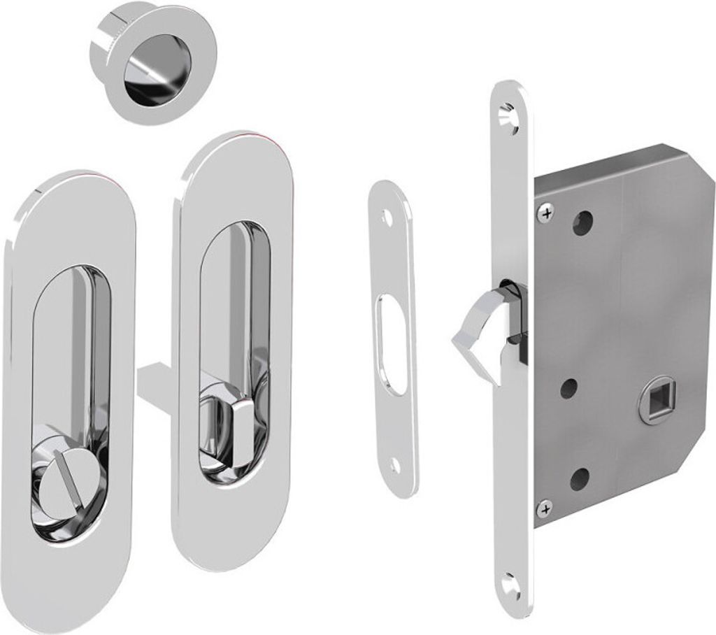 A set of chrome-plated sliding door hardware, including a lock mechanism, strike plate, and two flush pulls, displayed against a white background.