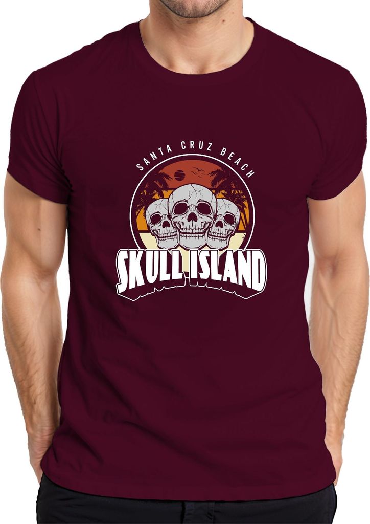 Totenkopf Skull Island Santa Cruz Strand Palmen Retro Vintage Herren T-Shirt, Burgundy, L