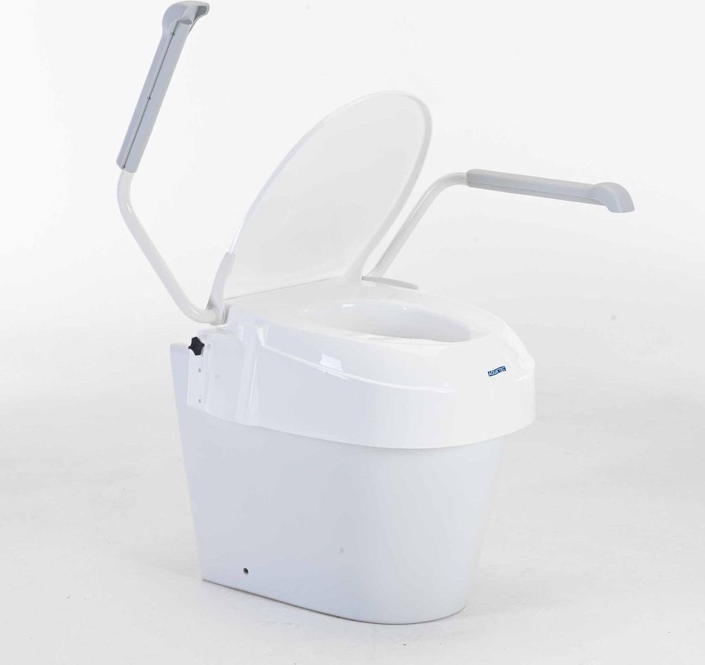 A white toilet seat riser with armrests, shown from a three-quarter angle against a white background.