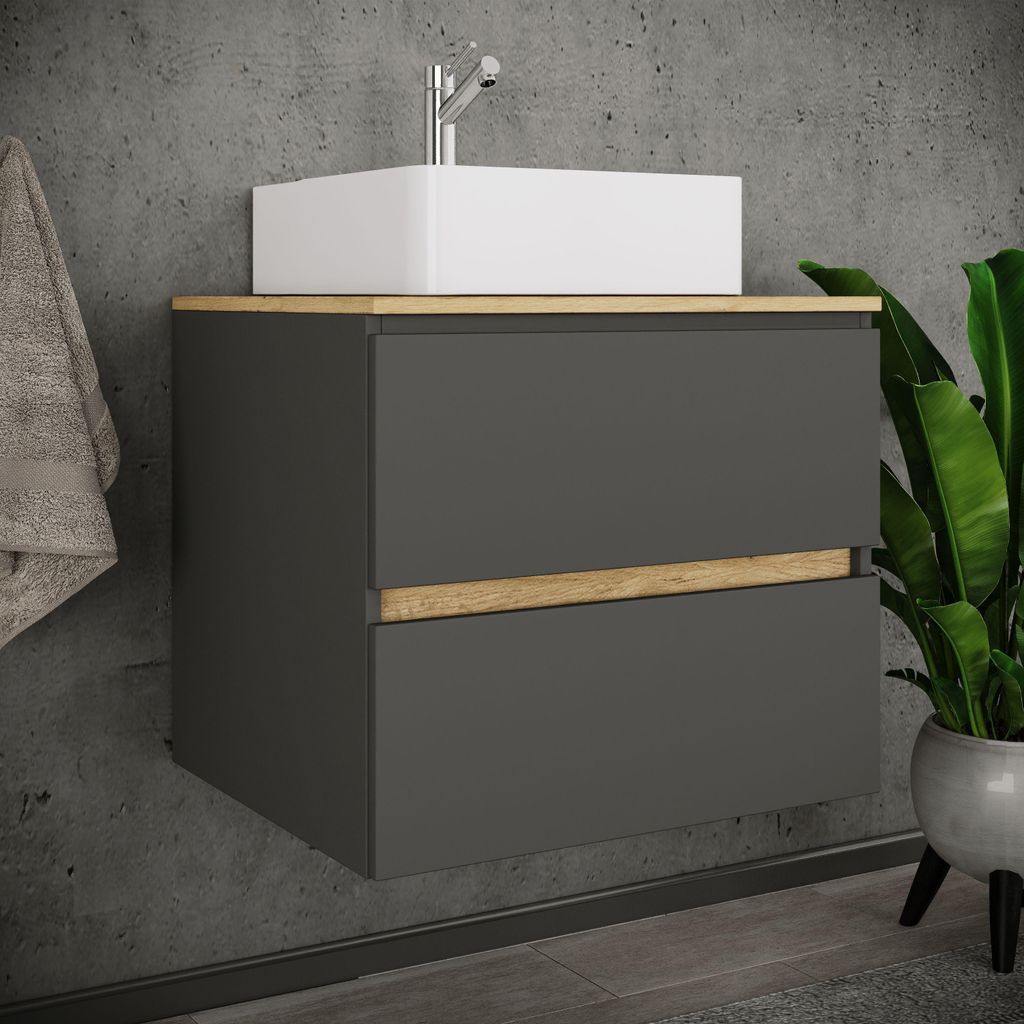 VCM 2-tlg. Waschtisch mit Aufsatz Keramikbecken, Badschrank mit 2 Softclose-Schubladen, Maße Waschplatz Set: H. 51 x B. 60 x T. 47 cm, Cosila-A