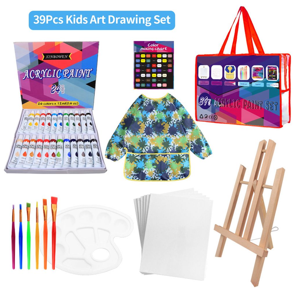 39Pcs Kids Art Drawing Set 24 lebendige Farben Acrylfarbe mit 6 Pinseln/Farbpalette/Staffelei/Malerei Kittel Farbmischtabelle fuer Kinder/Teens/Anf...