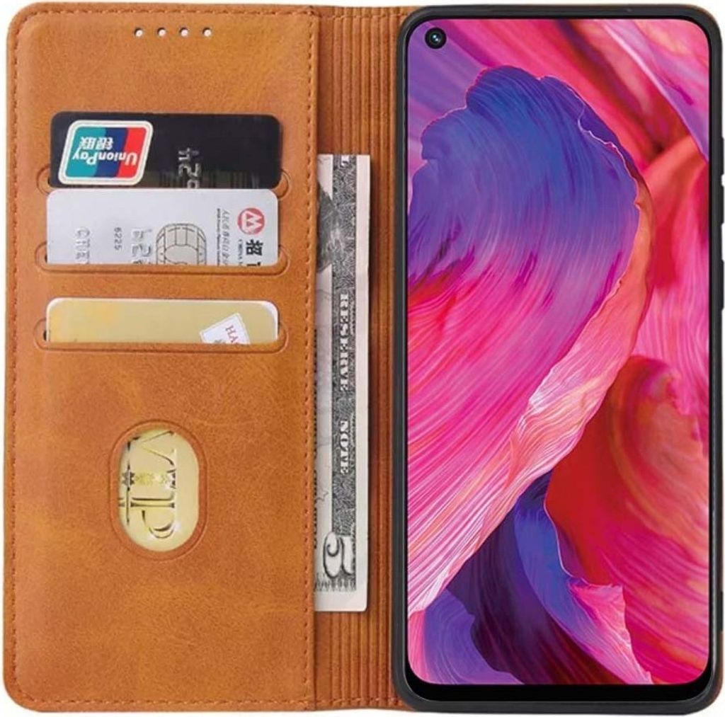Smartphonica Oppo A54 5G leren hoesje met magnetische sluiting en pashouders book case – Bruin