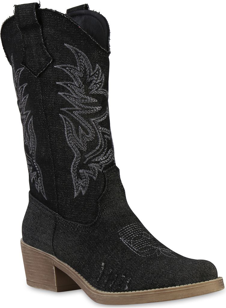 VAN HILL Damen Cowboy Boots Stiefeletten Denim Stiefel Stickereien Schuhe 841346, Farbe: Schwarz, Größe: 37
