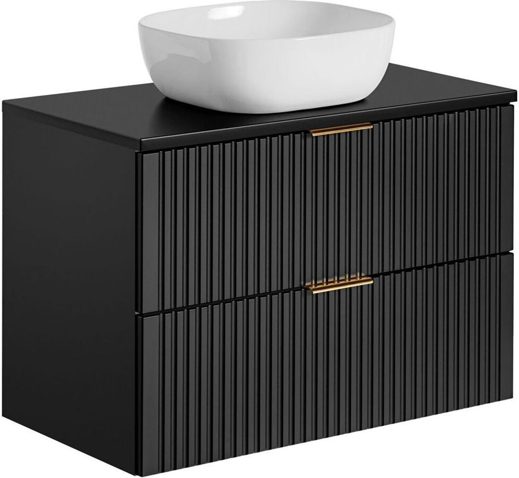 Waschtisch-Unterschrank 80cm mit Keramik Waschbecken ADELAIDE-56-BLACK in matt schwarz mit Rillenoptik, B/H/T 80,6/73,7/46,5 cm