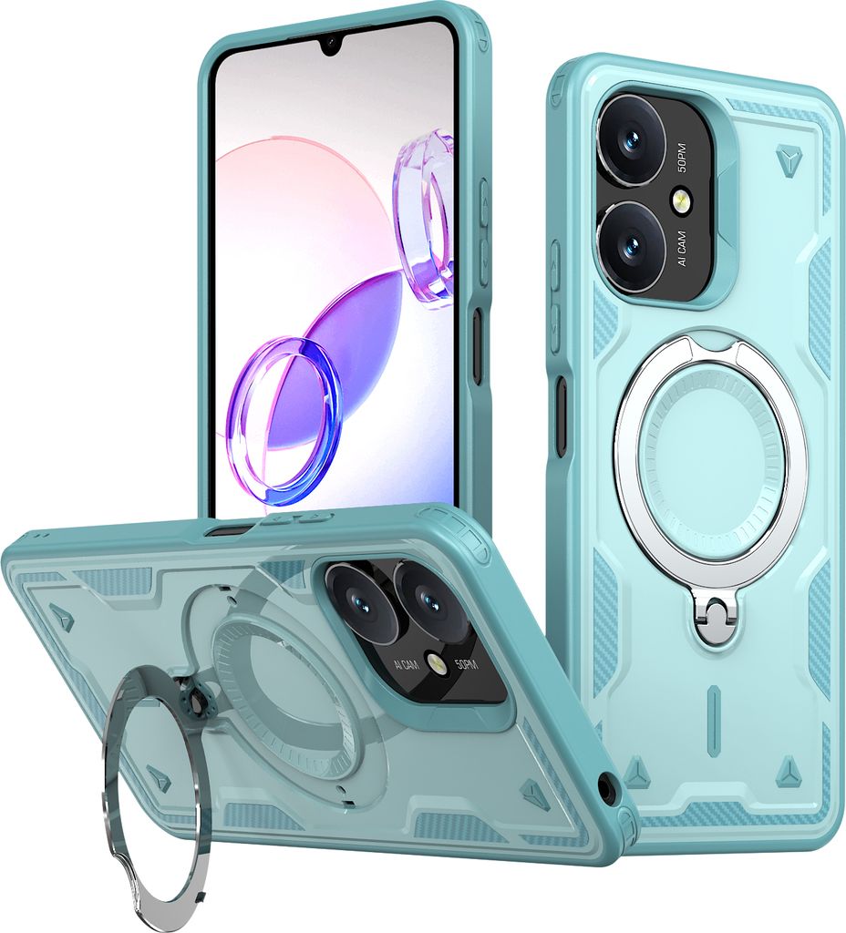 Dual Layer Hülle für Xiaomi Redmi 12C/Poco C55 Metall Ring Ständer Magnetisch Stoßfest Militär Handyhülle Türkis