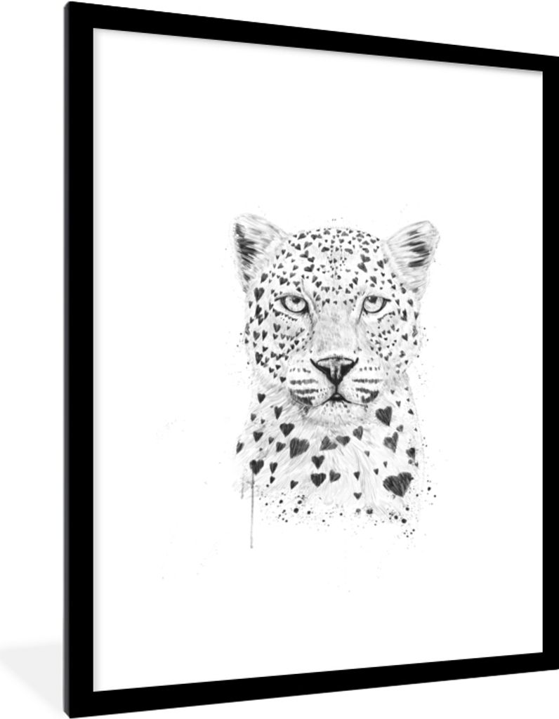 MuchoWow Gerahmtes Poster Leopard - Herz - Weiß - Tiere 60x80 cm - Poster mit Schwarzem Bilderrahmen Wandposter Rahmen Foto Bilder - Wohnzimmer ...