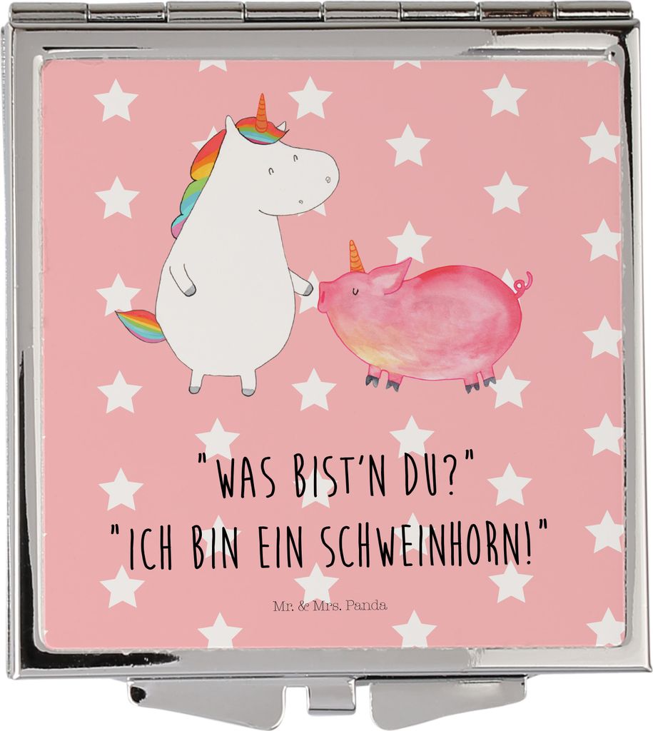 Mr. & Mrs. Panda Schminkspiegel Einhorn Schwein - Rot Pastell - Geschenk, Schweinchen, Unicorn, klein, Freundin, Kosmetikspiegel, Handspiegel, Einh...