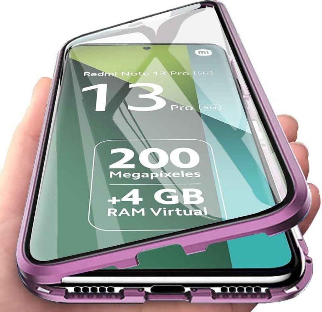 Hülle für Xiaomi Redmi Note 13 5G Gehärtetem Glas mit Magnetischer Adsorptionskasten 360 Grad Komplett Schutzhülle Lila