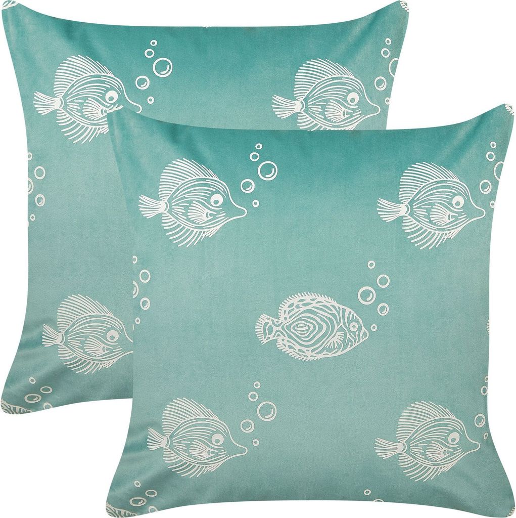 BELIANI Set aus 2 Streukissen Grüner Samt Polyester Stoff Fischmuster 45 x 45 cm Kissen für Kinder