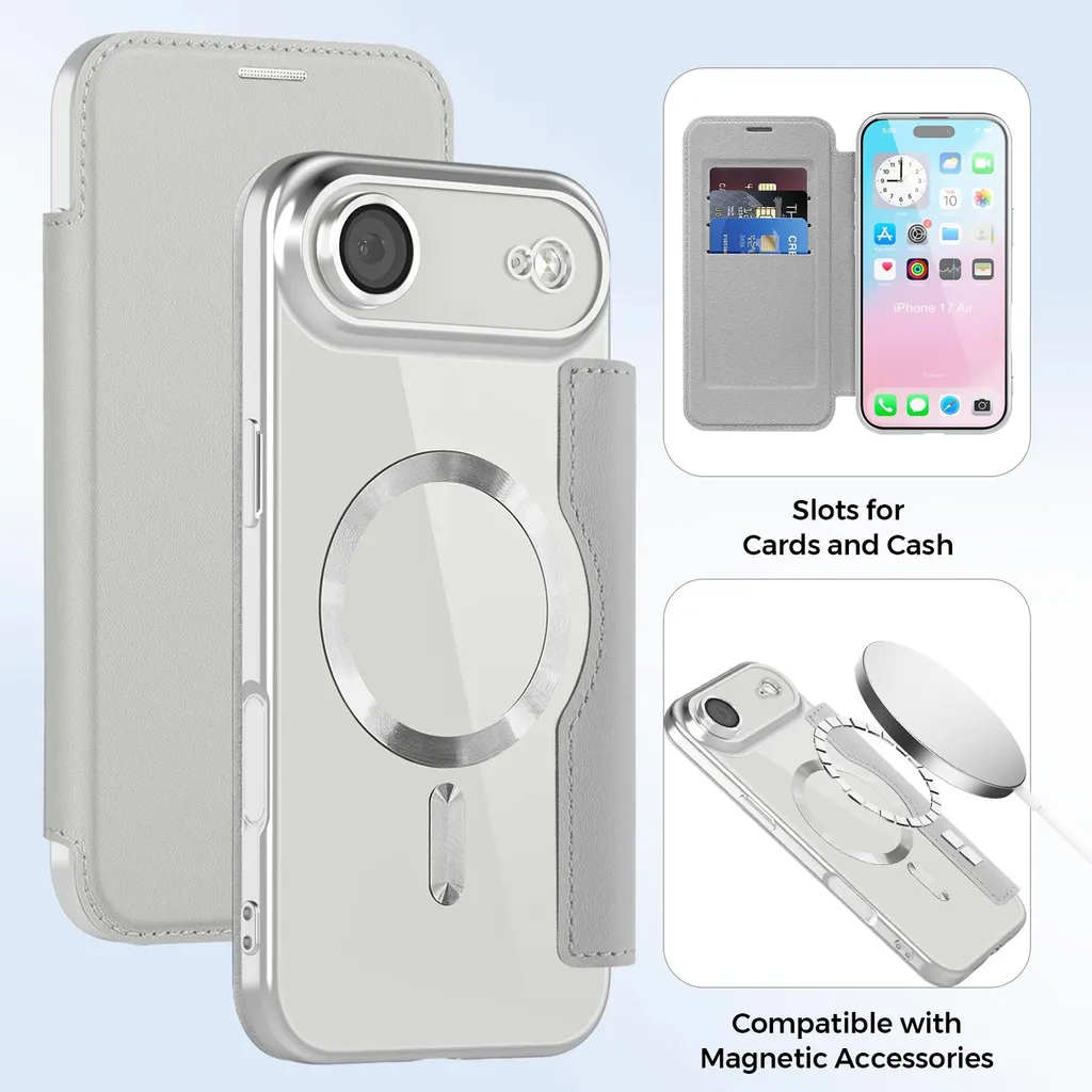 Custodia per iPhone 17 Air compatibile con MagSafe, custodia trasparente con portacarte, custodia in pelle con protezione della fotocamera Argento