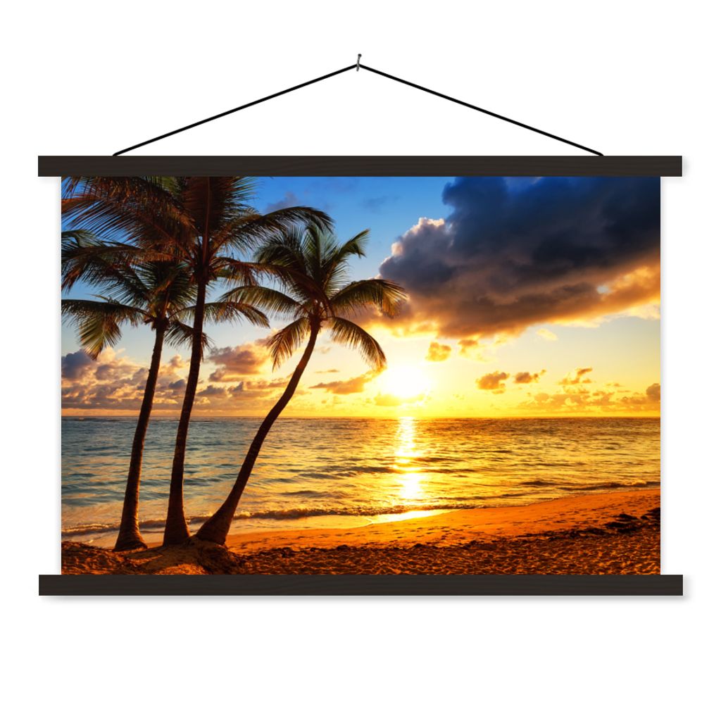 MuchoWow Textilposter Strand - Horizont - Sonnenuntergang - Palme - Meer 90x60 cm mit schwarzem Rahmen - Aufhängungssatz