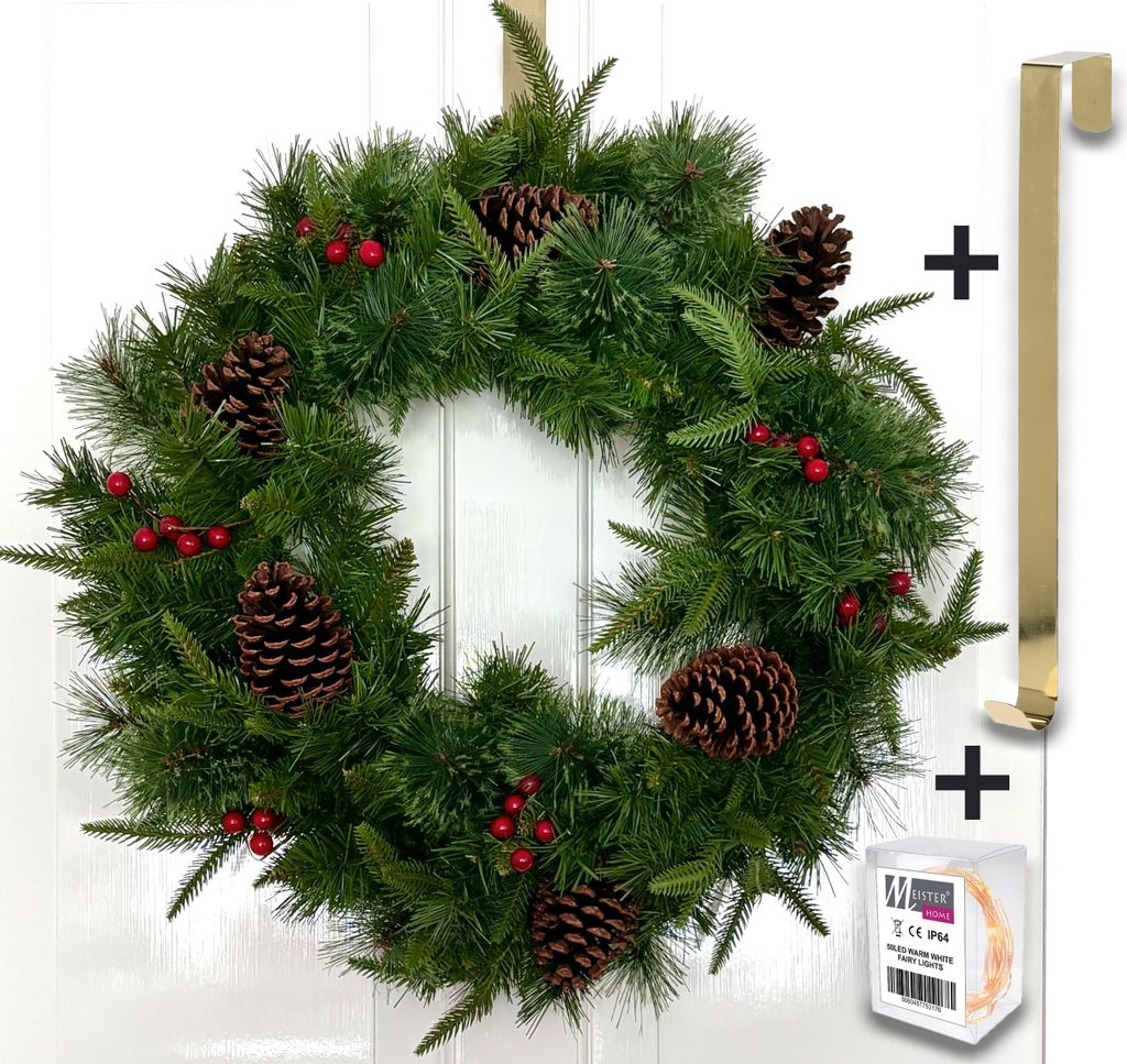 MeisterHome Weihnachtskranz: 50/60 cm reines Weihnachtsvergnügen - inklusive em Aufhängehaken und en 50 LED-Lichtern, Größe:60 cm