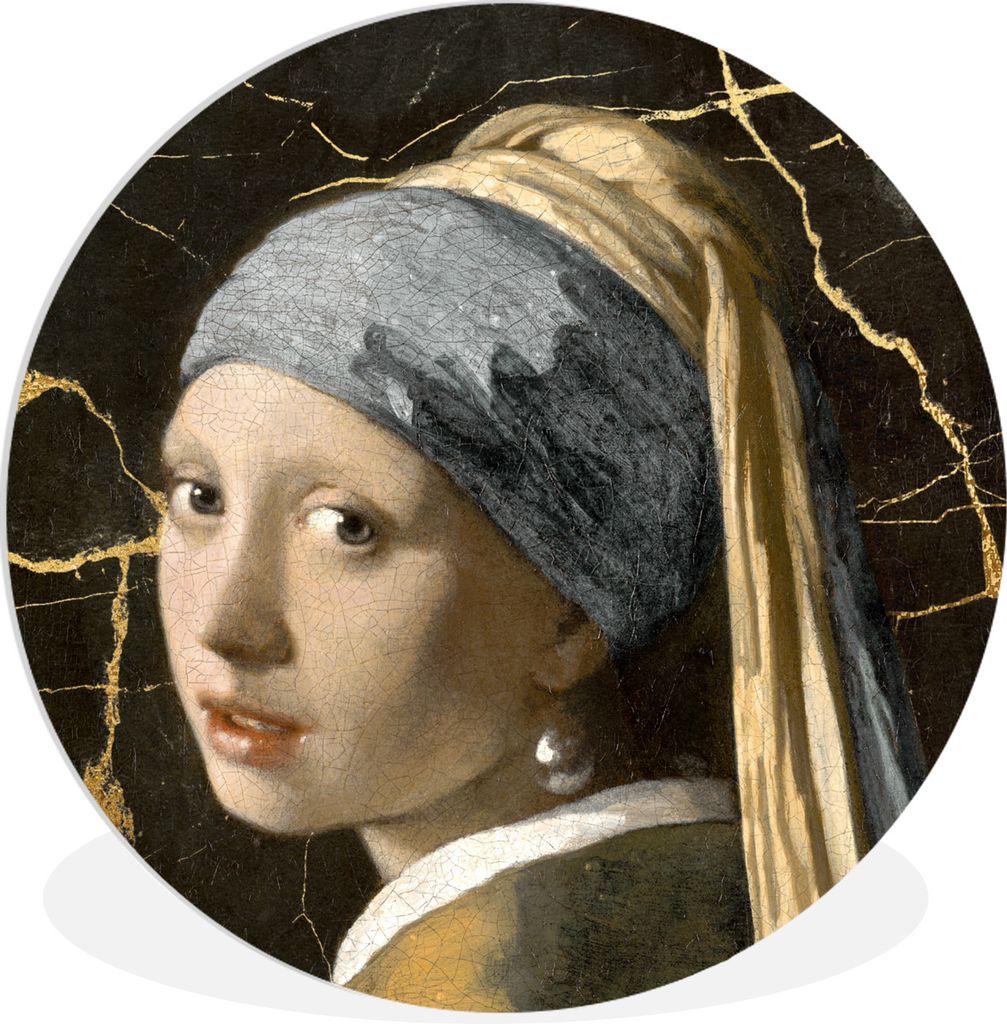 MuchoWow Rundes Wandbild - Runde Bilder Mädchen mit Perlenohrring - Gold - Schwarz Ø 30 cm Kreis Wanddekoration Kunststoff - Wandkreis - Wandsc...