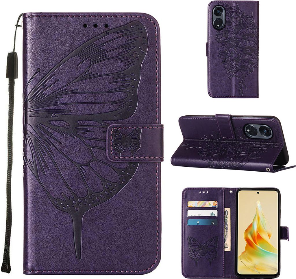 Lederhülle für OPPO Reno8 T 5G / A1 Pro 5G Schmetterling Prägung Flip Ledertasche Kartenfächer Handyhülle mit Ständer Lila