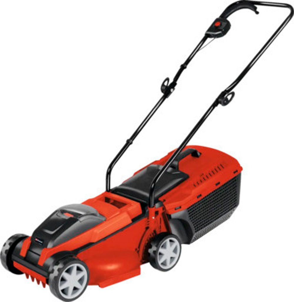 A red and black electric lawnmower is shown against a white background.