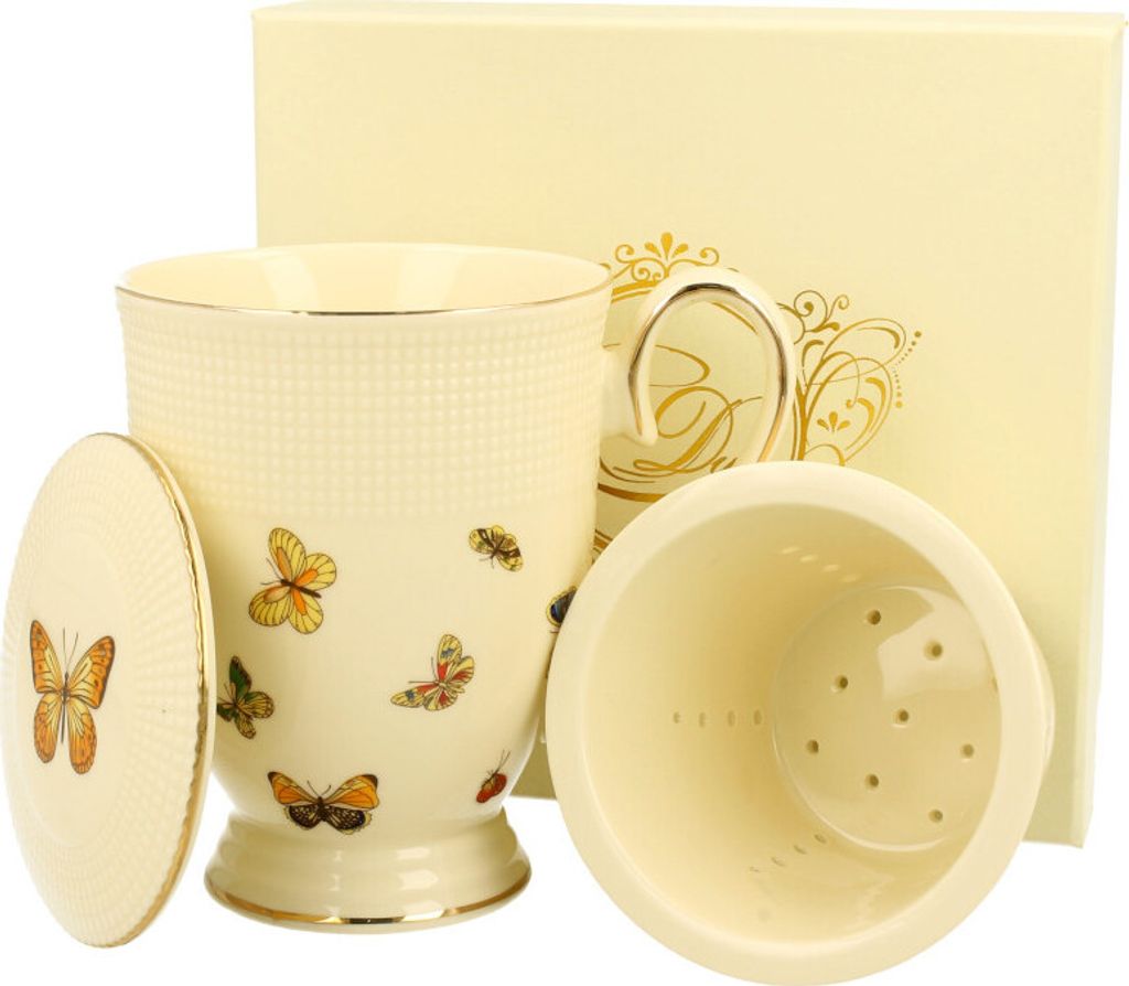 DUO ECRU Becher 400 ml BUTTERFLIES mit Teesieb, New Bone China Porzellan