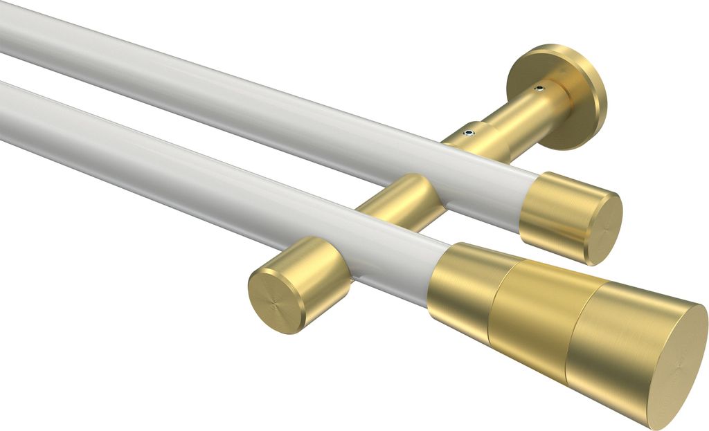Interdeco Gardinenstange / Vorhangstange Weiß / Messing-Optik, Typ Prestige Tanara (Konus) ohne Ringe, 20 mm Ø 2-läufig, 360 cm