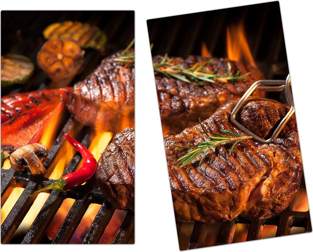 Spritzschutz Herdabdeckplatte Schneidebrett aus Glas Grillsaison mit Fleisch 2-Teilig (60x52cm)