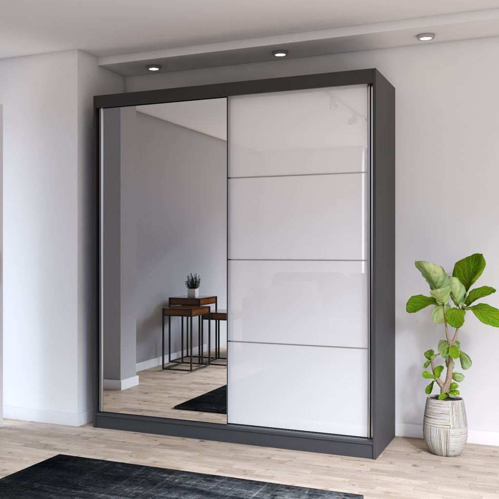 fabryka mebli idŹczak kleiderschrank multi 35, grau/weiß, 2 schwebetüren  mit spiegel, hxbxt: 218x203x61 cm, laminat/hdf/aluminium, geräumige