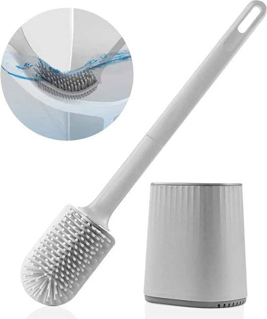 Brosse de toilettes articulée 3-en-1 silicone gris argenté anti-goutte