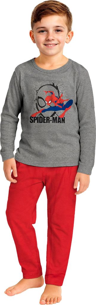 Marvel Spiderman Schlafanzug für Jungen - Kinder Pyjama Set Langarm Oberteil mit Hose Grau/Rot 98-104