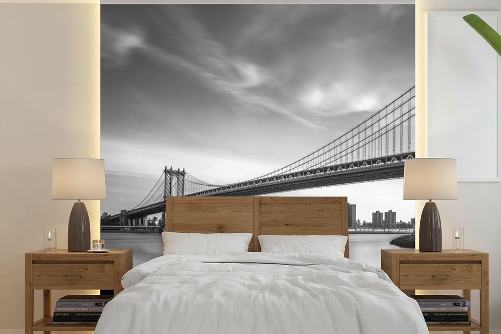 MuchoWow Fototapete für Wohnzimmer oder Schlafzimmer Wandtapete Vinyl Motivtapete East River, Manhattan - schwarz und weiß - 220x220 cm - Tapeten