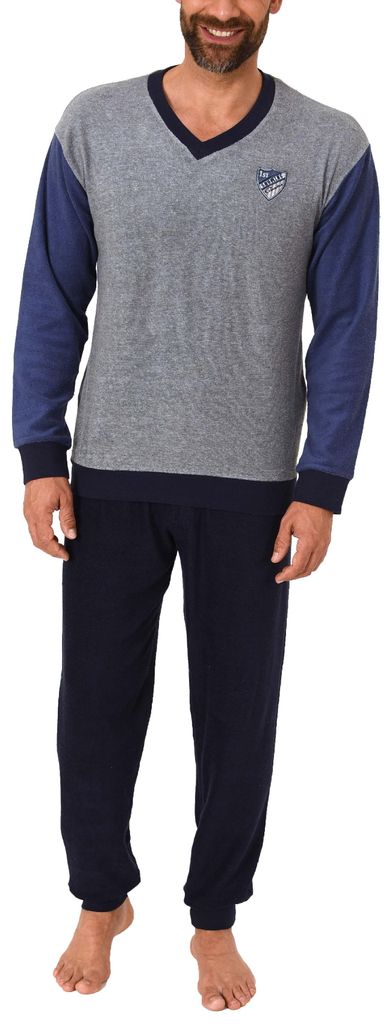Lässiger Herren Frottee Schlafanzug langarm Pyjama mit Produktbild 