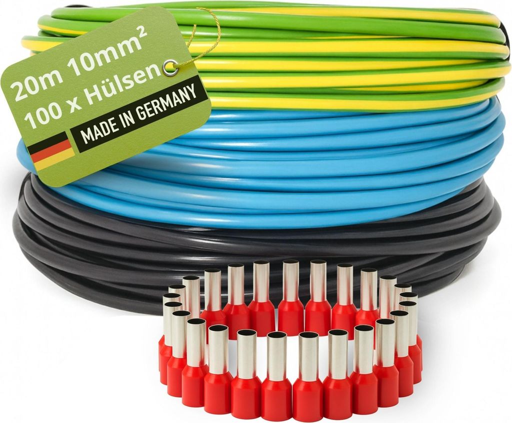 INVOLT H07V-K Verdrahtungsleitung Set, 10 mm², 3x20m Einzeladern, 100 Aderendhülsen, Schwarz/Blau/Grün-Gelb, VDE-