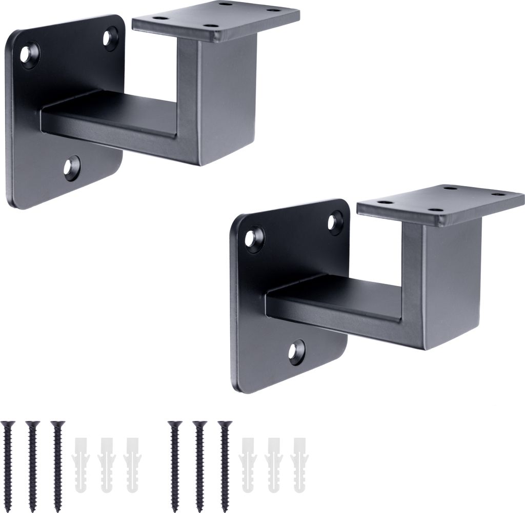 Two black handrail brackets and screws are shown against a white background.