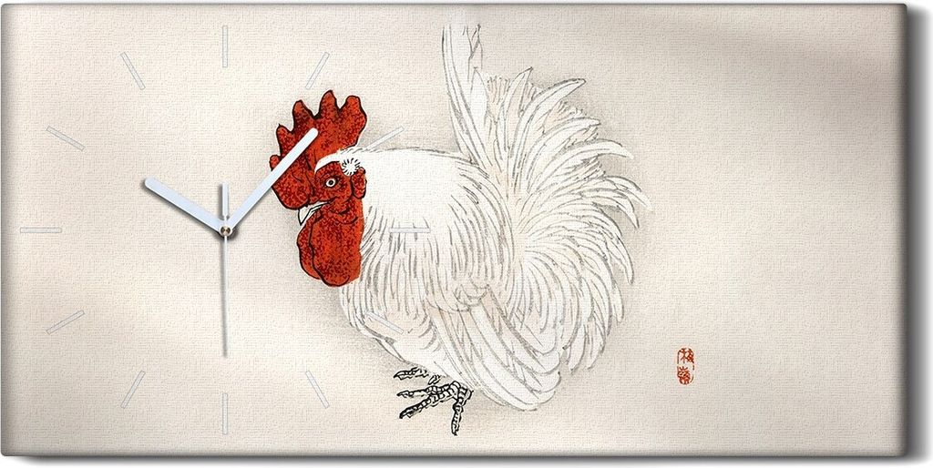 Wandbild Leinwand Bilder mit Uhr 60x30 Gemälde Asiatisches Tier Vogel Huhn - weiße Hände