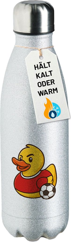 Huuraa Trinkflasche Quietscheente Fußballer Gummiente Fussballspieler 500ml Silver Edelstahl Wasserflasche Trinkflasche Geschenkidee