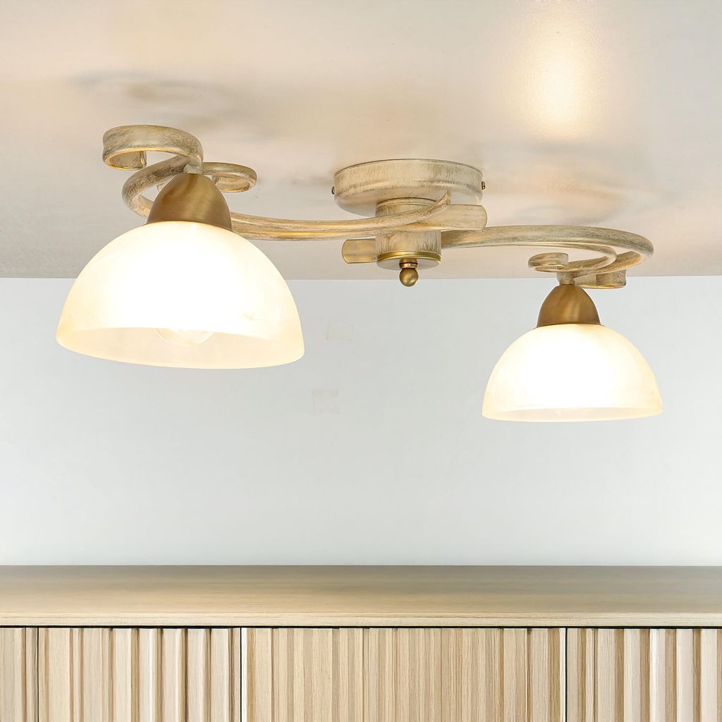 Deckenlampe Shabby "Aurora White" in Weiß Gold Glas Metall 2-flammig Landhaus Deckenleuchte Wohnzimmer