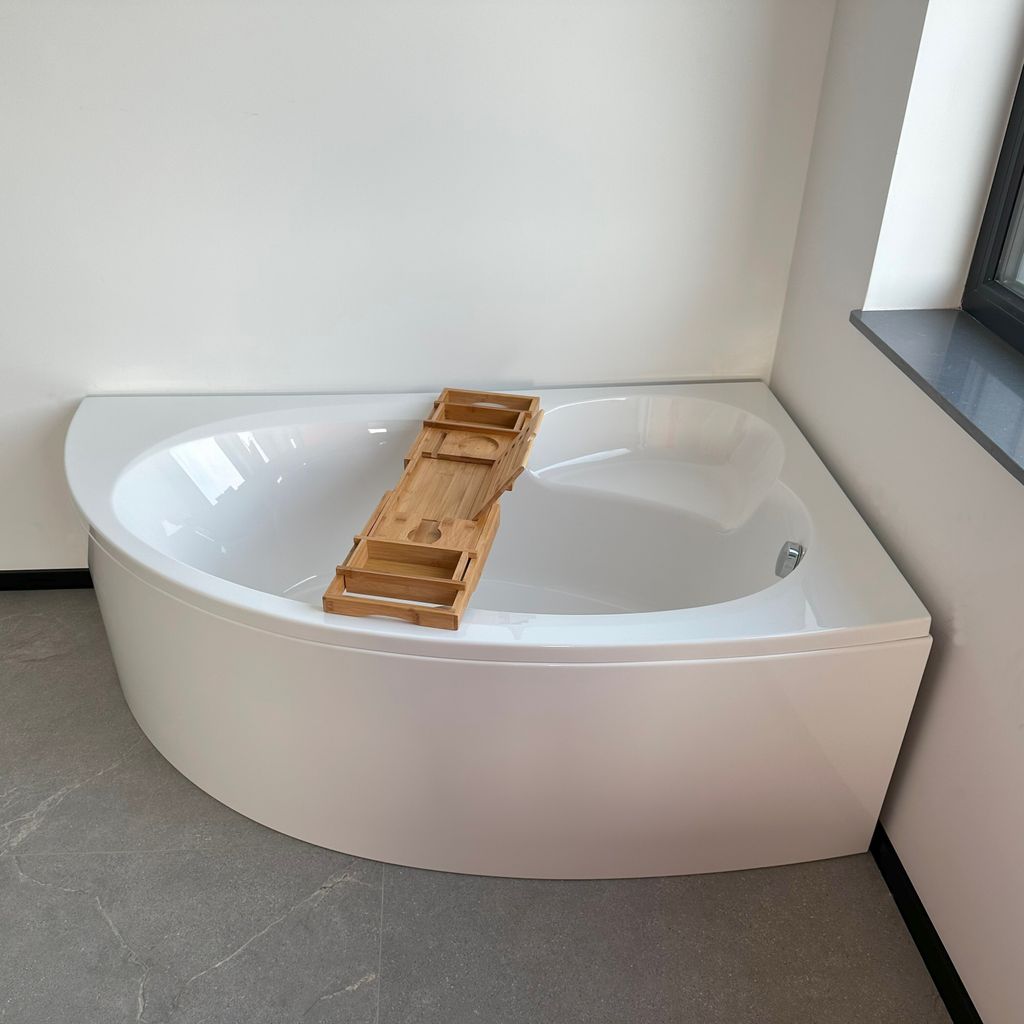 ECOLAM Badewanne Wanne Eckwanne Eckbadewanne Acrylwanne Carmen 170x100 cm RECHTS + Bambusablage + Schürze Acryl Ablaufgarnitur Ab- und Überlauf A...