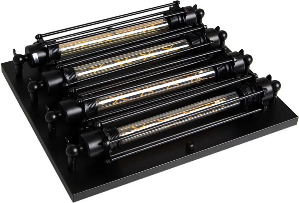 Grand Lustre Plafonnier Carré Industriel 4 Lumières Noir en Métal 45cm
