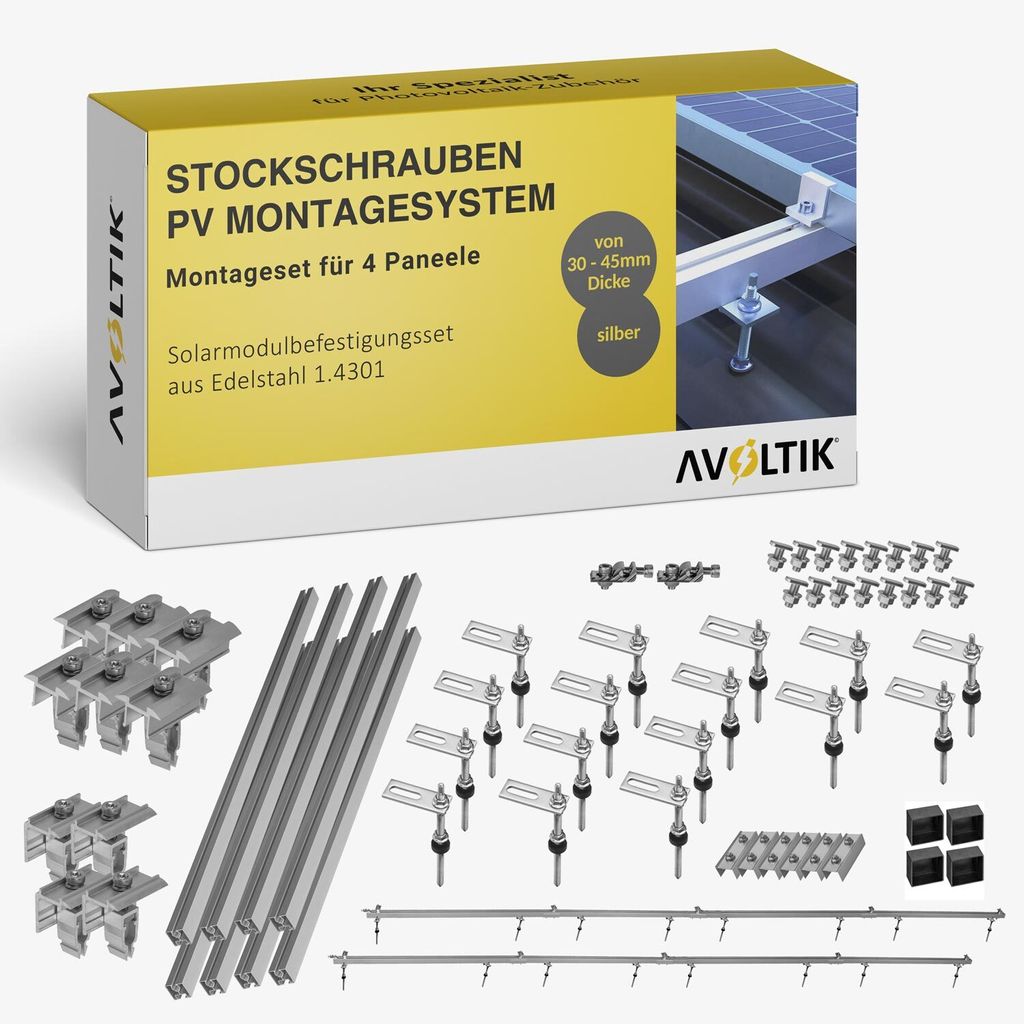 Avoltik Stockschrauben Blechdach PV Montagesystem Befestigung für 4 Paneele in Silber