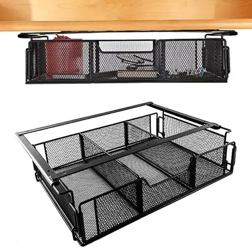 Ausziehbare Untertisch Schublade Metall, Schreibtisch Organizer Korb, schwarz, Mesh Ablage mit Fächern, 36x24x8 cm