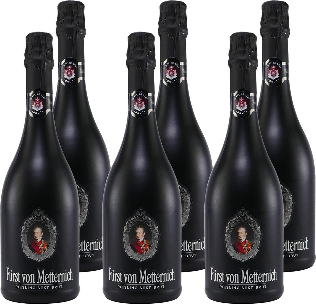 Six bottles of Fürst von Metternich Riesling Sekt Brut are arranged in two rows against a white background.
