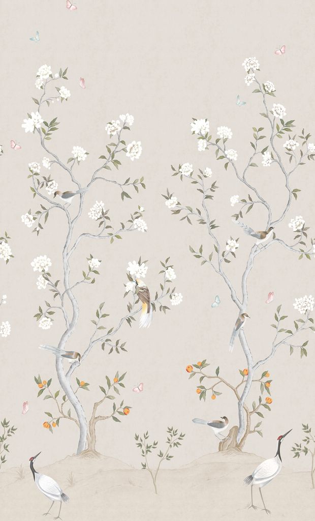 Sanders & Sanders Fototapete Blumen und Vögel Beige und Weiß 159 x 280 cm