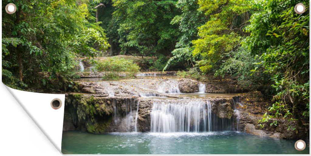 MuchoWow 160x80 cm Outdoor-Poster Gartendeko Sichtschutz Garten Poster für den Garten Grüne Bäume entlang des Flusses oberhalb eines Wasserfal...