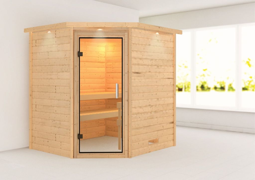 Karibu Sauna Innensauna Mia Eckeinstieg ohne Zubehör 224x184x202 cm mit Dachkranz mit Klarglastür