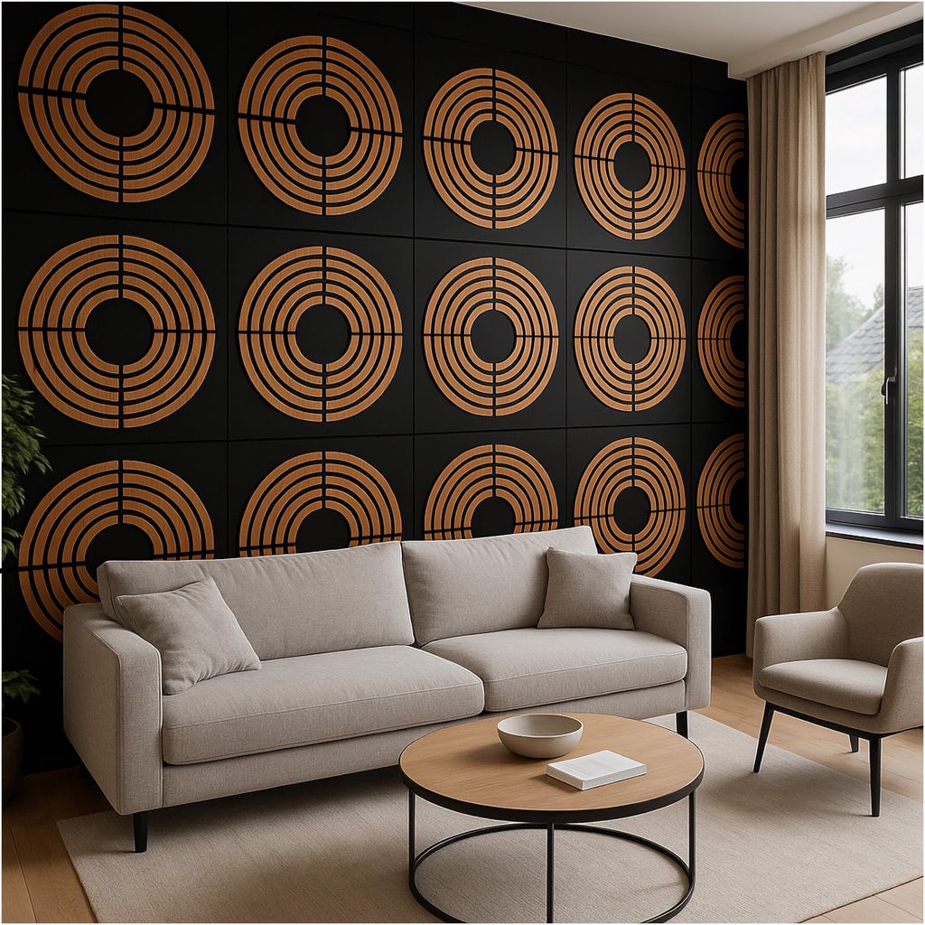 Wandpaneele 3D Holzoptik Schwarz & Eiche – Wanddeko für Wohnzimmer, Büro & mehr, 50x50cm, modern & flach