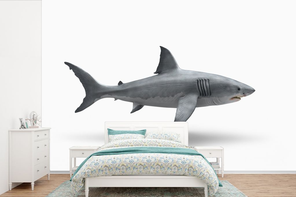 MuchoWow Fototapete für Wohnzimmer oder Schlafzimmer Wandtapete Vinyl Motivtapete Hai - Meerestiere - Weiß - 330x220 cm - Fototapeten