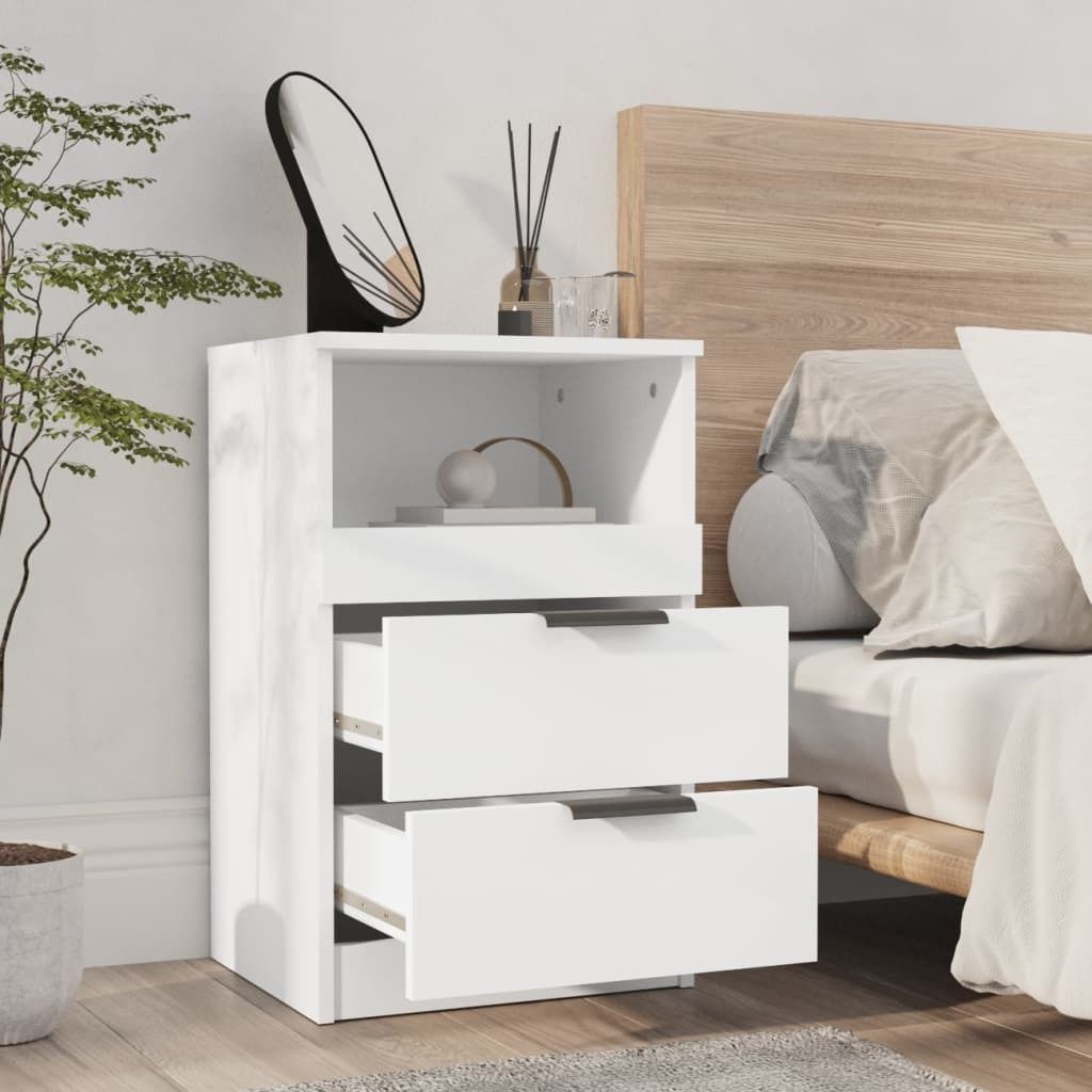Comodino Bianco Con Luci LED E Porta USB - 2 Cassetti E Ripiano Aperto, Moderno Per Camera Da Letto