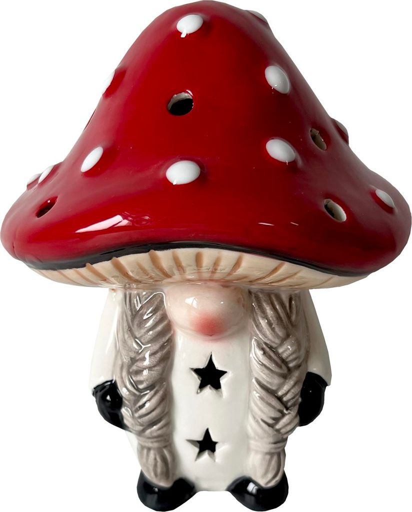 LED Wichtelfrau mit Zöpfen Fliegenpilz