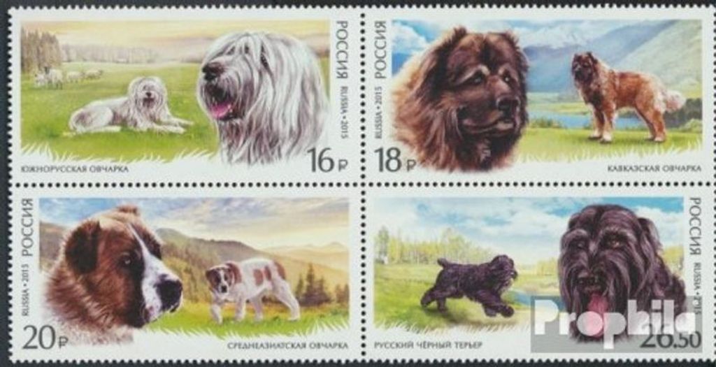 Briefmarken Russland 2015 Mi 2171-2174 Viererblock (kompl.Ausg.) postfrisch Einheimische Diensthunderassen