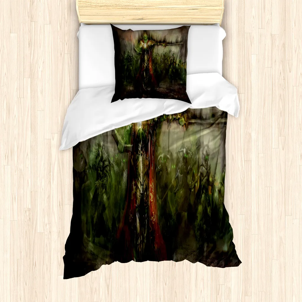 ABAKUHAUS Fantasy World Set copripiumino per letti singoli, Re dei fantasmi nel campo, antiacaro, adatto a chi soffre di allergie, con federa, 135 cm x 200 cm - 80 x 80 cm, verde e marrone