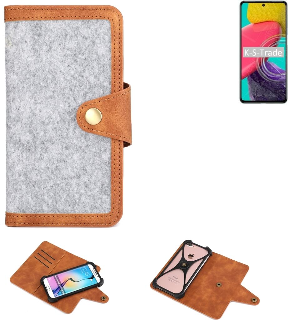 K-S-Trade Handyhülle kompatibel mit Samsung Galaxy M53 5G Schutzhülle Filz-Hülle Kunst-Leder hellgrau braun (1x)