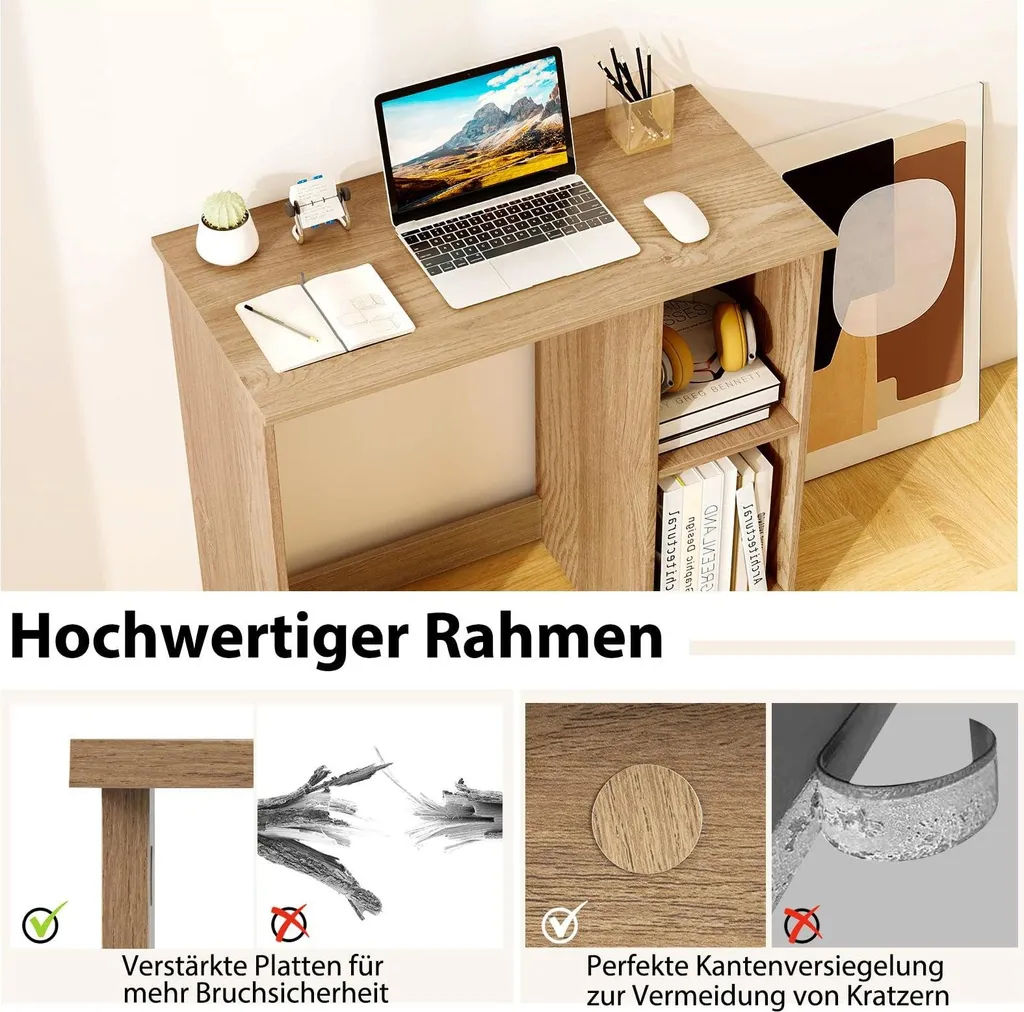 Bureau Compact Bois Naturel 80x40 cm avec 2 Étagères de Rangement