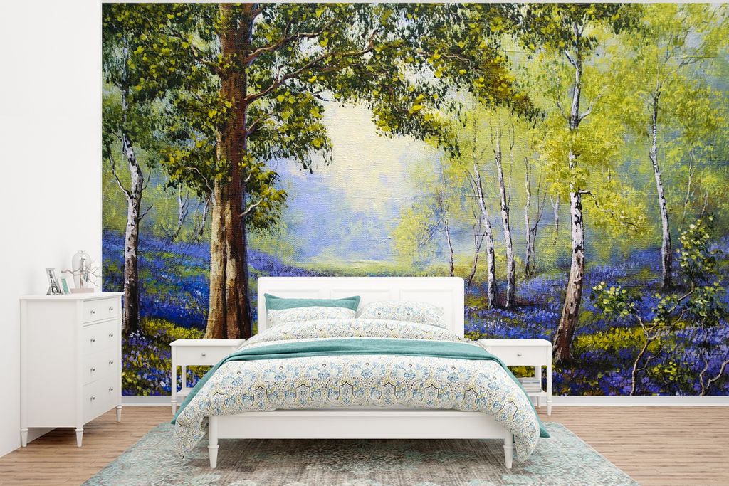 MuchoWow Fototapete für Wohnzimmer oder Schlafzimmer Wandtapete Vinyl Motivtapete Gemälde - Natur - Wald - Blumen - Ölfarbe - 320x240 cm - Tap...